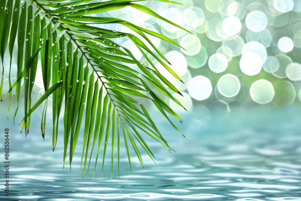 Fototapeta premium Tropical palm leaf over serene water with sun glare