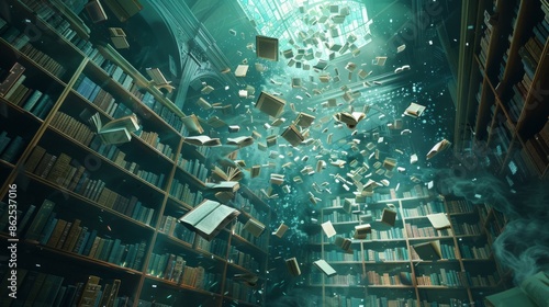 Magical Library: Books Floating in a Mystical Atmosphere
