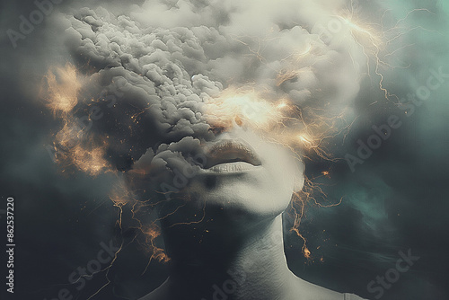 Intense Emotions of Pain, Frustration, and Migraine: Abstract Illustration in Form of Clouds of Woman Suffers, Struggling with Severe Headache
