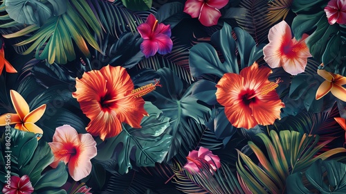 exotic tropical design background with bright palm leaves and hibiscus in Hawaiian theme.