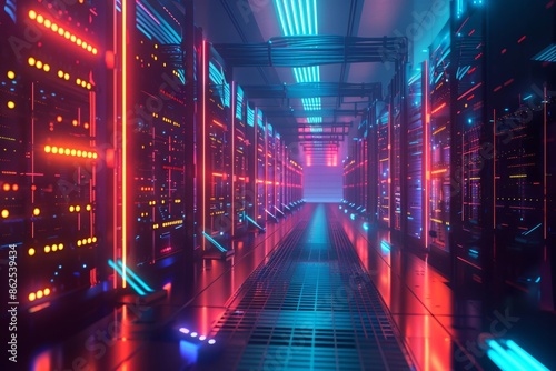 A futuristic data center with rows of servers and blinking lights, showcasing advanced technology and connectivity