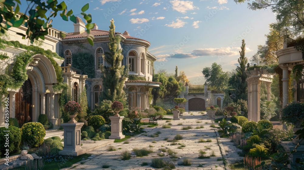 Obraz premium Your dream villa, adorned with a captivating garden and a garage. The design evolves in each prompt, offering a visual journey through distinct styles.