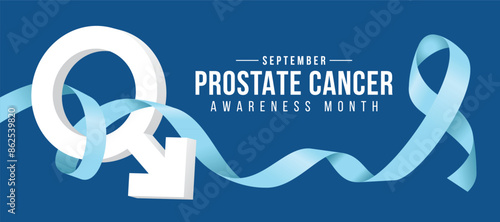 September is Prostate cancer awareness month text and long light blue ribbon awareness rolling around 3D male symbol on blue background vector design
