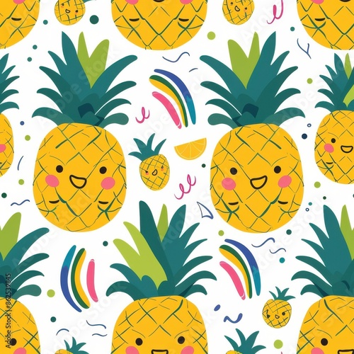 A cartoon drawing of a pineapple with a smiling face and a bunch of other fruits