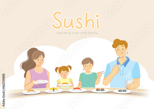 A family, including parents, a daughter, and a son, happily eating conveyor belt sushi together. Vector illustration for posters and banners