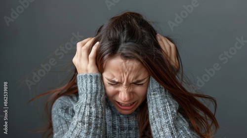 Frustrated Woman Screaming And Pulling Hair. Mental Health, Emotional Pain, Intense Facial Expression