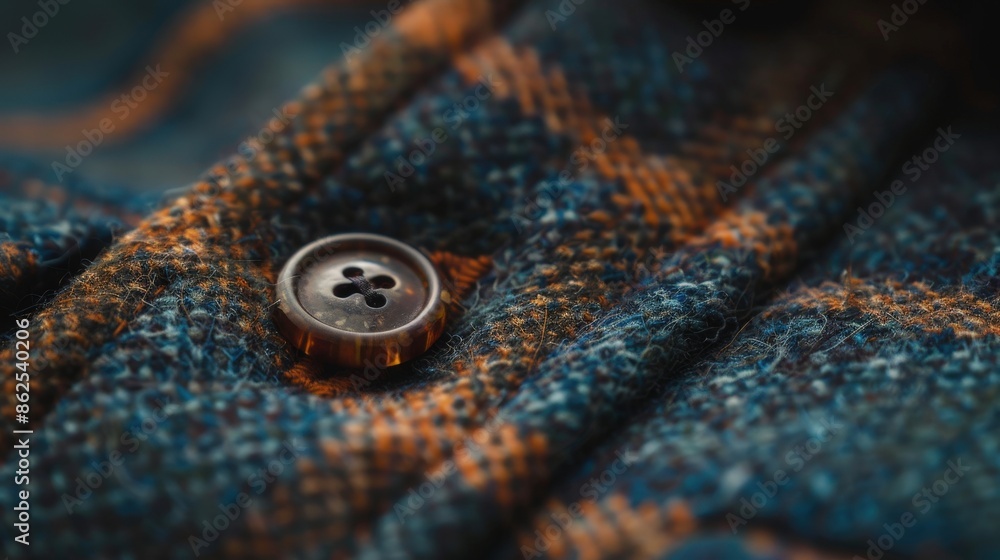 A close-up photo of a brown button on a blue and orange plaid shirt. The button is in focus, with the fabric behind it slightly blurred A close-up photo of a brown button on a blue and orange plaid shirt. The button is in focus, with the fabric behind it slightly blurred