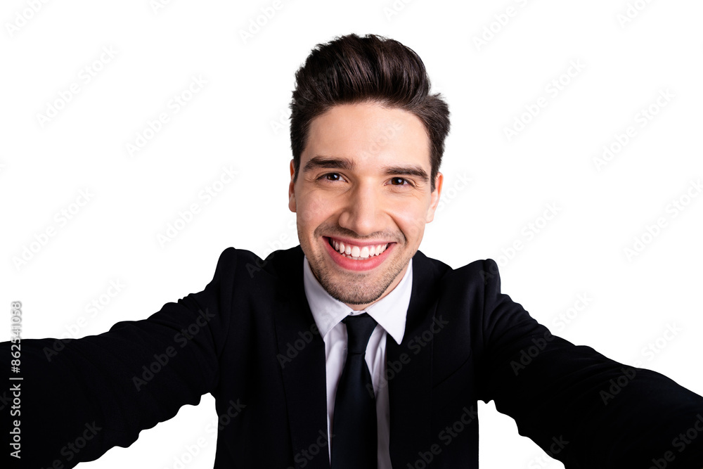 Close up photo amazing he him his macho attractive handsome make take selfies funny funky cheerful show perfect teeth wear white shirt black suit jacket tie formalwear isolated bright grey background Close up photo amazing he him his macho attractive handsome make take selfies funny funky cheerful show perfect teeth wear white shirt black suit jacket tie formalwear isolated bright grey background