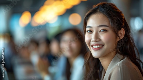 A group of Asian business professionals, smiling and clapping their hands, is attending a work conference and listening to presentations. People have seats in the auditorium or meeting room.