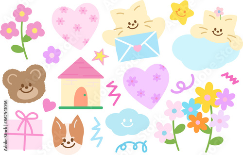 Pastel illustration of teddy bear, cat, puppy, flowers, heart, star, love letter, happy cloud, gift box, house for cartoon character, comic, mascot, animal print, adopt pet, vet, rescue, sticker, icon