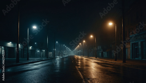 nostalgic feel. night. a road leads off into the distance.