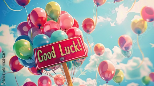 Upbeat Good Luck Balloon Display Against Bright Sky