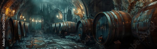 Rows of Wooden Wine Barrels in a Dimly Lit Cellar
