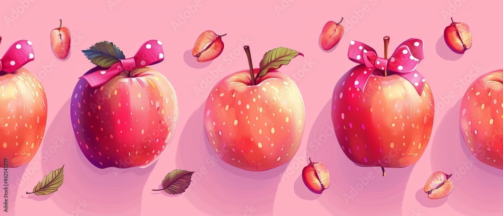 Red apples with pink ribbons on a pink background. Red apples with pink ribbons on a pink background.
