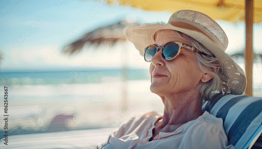 older woman relaxing on a lounge chair at the beach, wearing sunglasses and a sun hat. She appears content, enjoying the sunny weather and ocean view under a thatched umbrella older woman relaxing on a lounge chair at the beach, wearing sunglasses and a sun hat. She appears content, enjoying the sunny weather and ocean view under a thatched umbrella