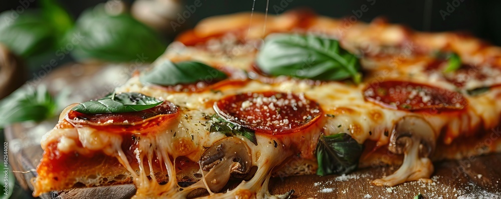 A mouthwatering photograph of a slice of pizza with gooey cheese, pepperoni, and mushrooms, dripping with fresh basil leaves. A mouthwatering photograph of a slice of pizza with gooey cheese, pepperoni, and mushrooms, dripping with fresh basil leaves.