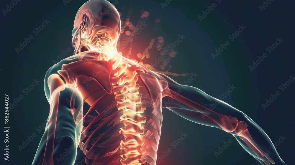 Illustration of a Human Skeleton With Back Pain Illustration of a Human Skeleton With Back Pain