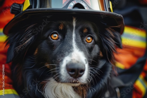 conceptual digital illustration, close-up portrait of a nice dog wearing firefighter suit  photo