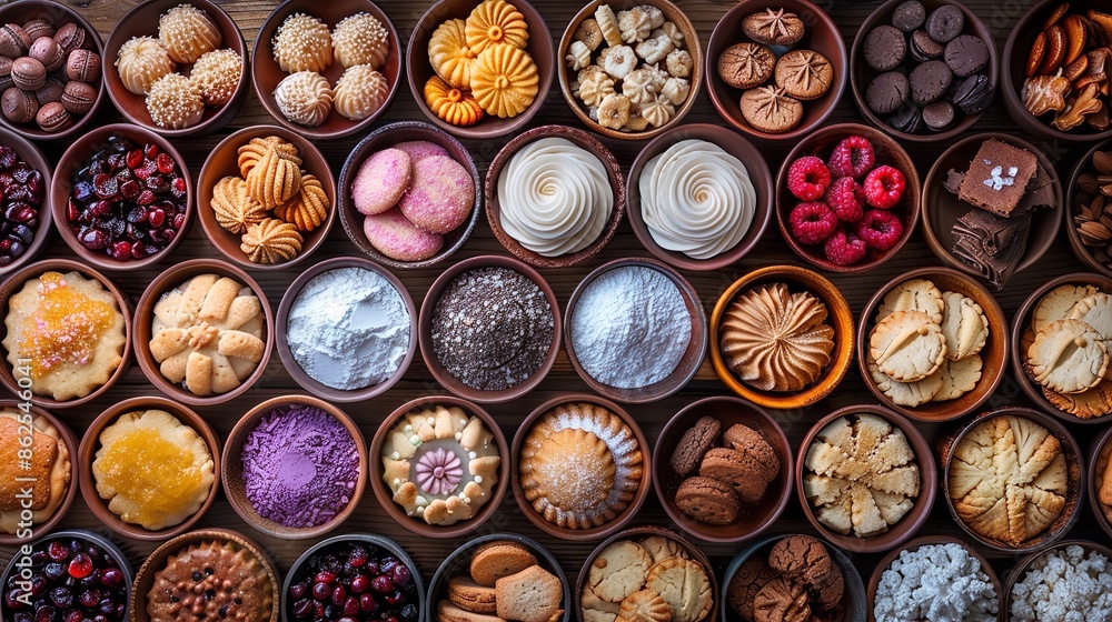A close-up view of a variety of dried fruits and nuts arranged in small wooden bowls, showcasing their vibrant colors and textures A close-up view of a variety of dried fruits and nuts arranged in small wooden bowls, showcasing their vibrant colors and textures