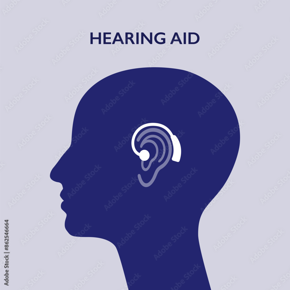 Hearing aid, behind the ear device. Human head silhouette. Hearing aid, behind the ear device. Human head silhouette.