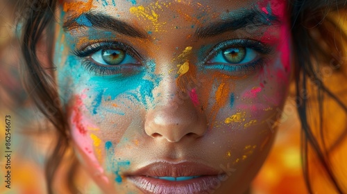 With abstract geometric shapes and vibrant bursts of color, a woman's gaze is fixed on a graphical pattern, with computer code overlaying her face, as if she's peering into data. © Surachetsh