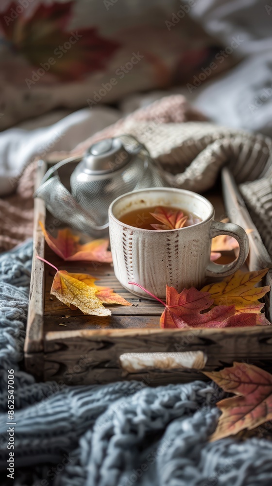 Cozy Tea Time, Mug with Sieve and Colorful Leaves on Rustic Tray Cozy Tea Time, Mug with Sieve and Colorful Leaves on Rustic Tray