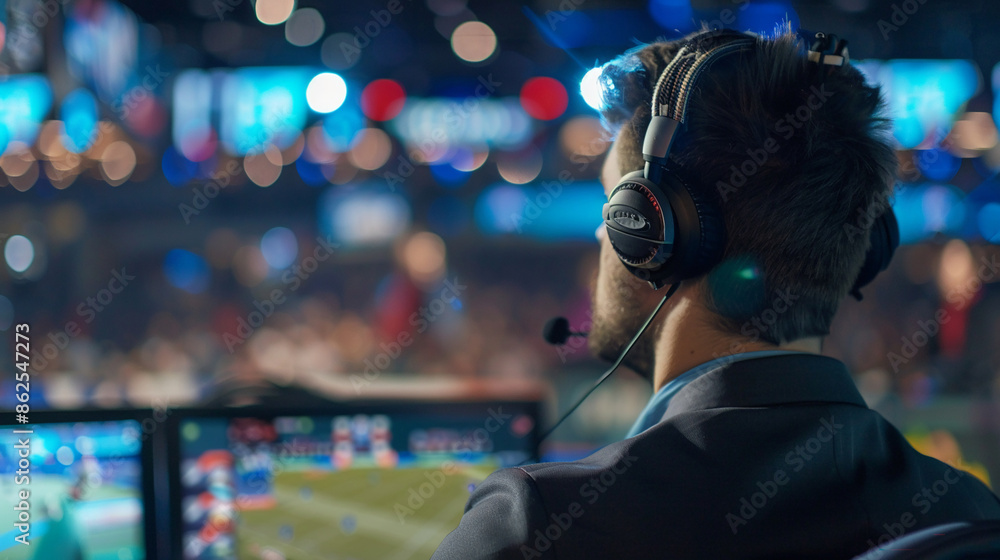 A sports commentator providing live commentary on a game. A sports commentator providing live commentary on a game.