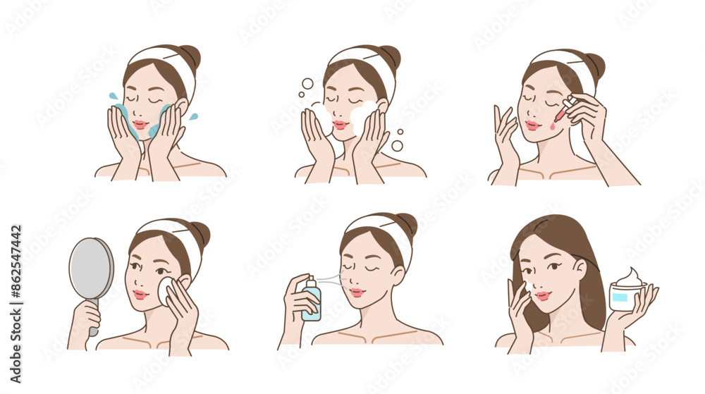 Skincare set. Collection of girl removing make up by washing her face, using cleansing wipe and other cosmetic products. Beauty and hygiene concept. Vector illustration. Skincare set. Collection of girl removing make up by washing her face, using cleansing wipe and other cosmetic products. Beauty and hygiene concept. Vector illustration.