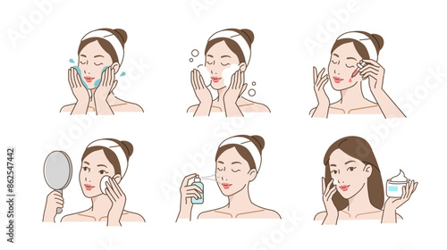 Skincare set. Collection of girl removing make up by washing her face, using cleansing wipe and other cosmetic products. Beauty and hygiene concept. Vector illustration.