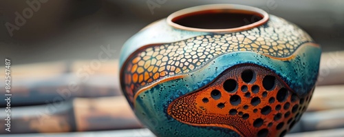 A hand-painted pattern on a ceramic vase, its unique design reflecting the artist's creativity. photo