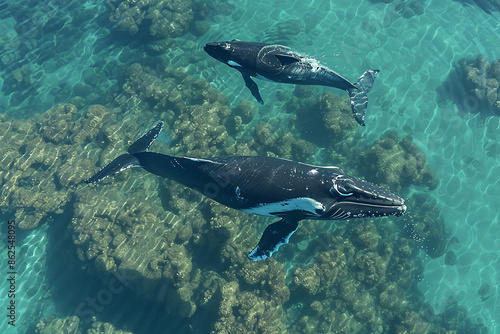 Mother whale and calf swimming side by side in crystal clear waters