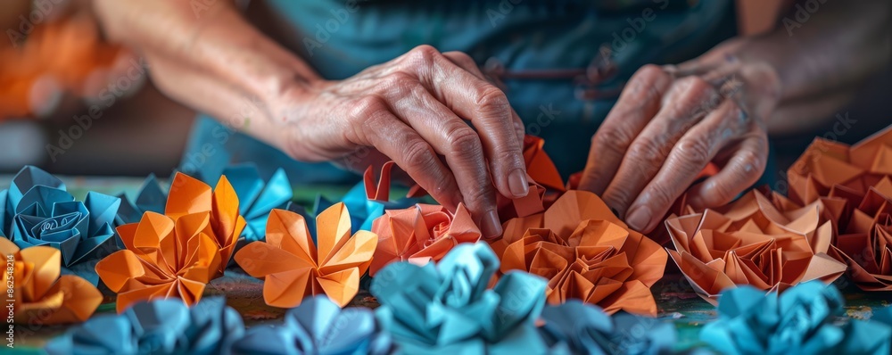 Fototapeta premium An artist crafting delicate origami sculptures from colorful paper, folding and shaping each piece with precision.