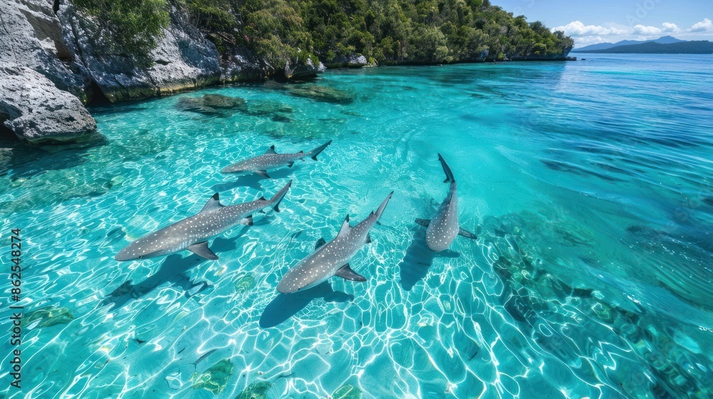 Fototapeta premium Sharks Swimming in Crystal-Clear Waters of Whitsunday Island
