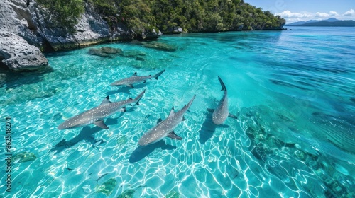 Sharks Swimming in Crystal-Clear Waters of Whitsunday Island