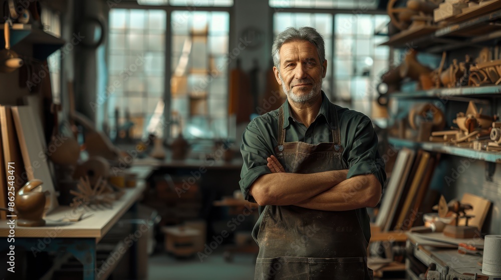 The craftsman in woodworking studio The craftsman in woodworking studio