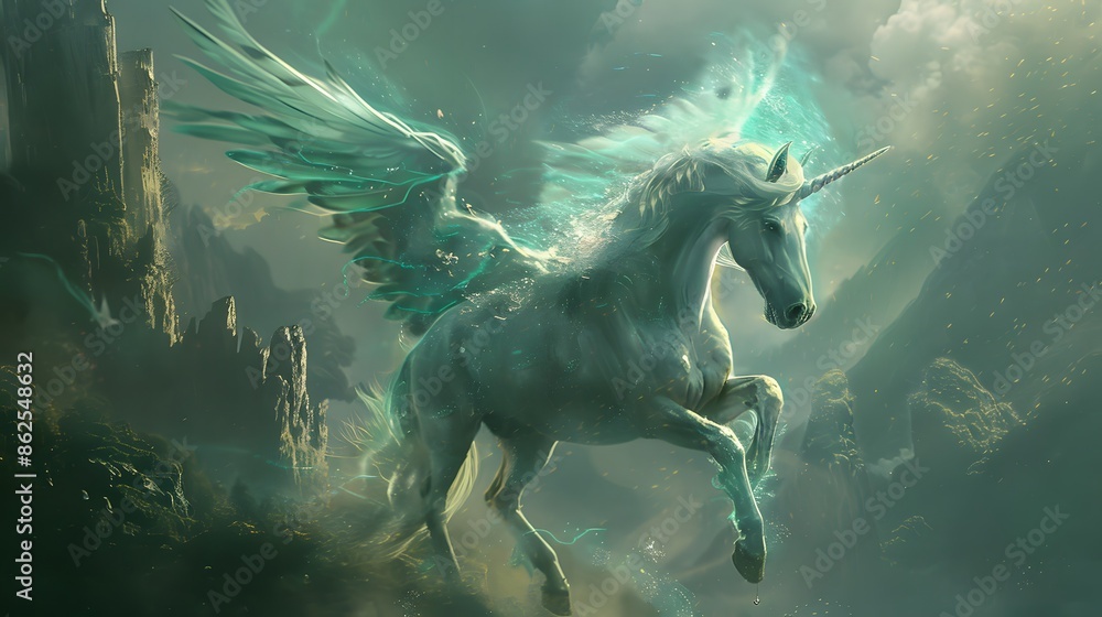 A beautiful sky blue unicorn. The large spreading wings of the unicorn are carried high into the sky. A magical and mysterious horse with wings and a horn. A beautiful sky blue unicorn. The large spreading wings of the unicorn are carried high into the sky. A magical and mysterious horse with wings and a horn.