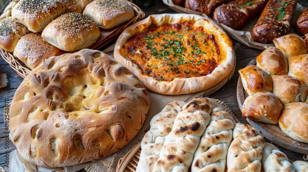 Freshly made pita bread and other baked goods from a bakery menu, displayed from above. Freshly made pita bread and other baked goods from a bakery menu, displayed from above.