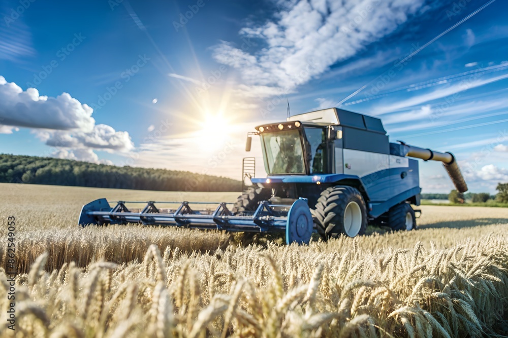 Obraz premium Golden Harvest at Sunset A Combine Harvester in a Field of Wheat