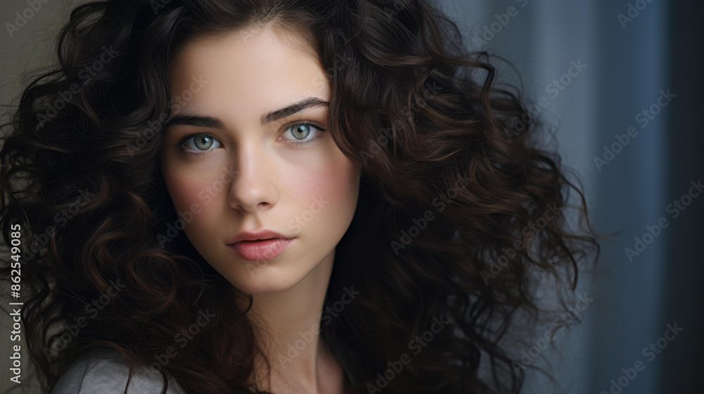 Naklejka premium Slide showcases a captivating beauty portrait of a young brunette woman with a stunning gaze.