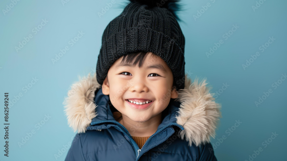 Charismatic Japanese boy smiling in winter attire, front view photograph Charismatic Japanese boy smiling in winter attire, front view photograph