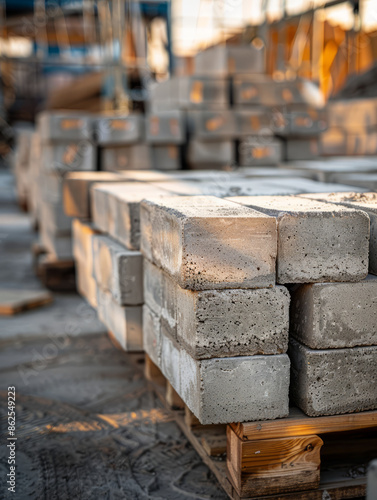 Stacked concrete bricks on a wooden pallet in a construction site.