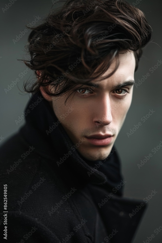 A stylish man with a sophisticated hairstyle and intense gaze, exuding glamour and charisma