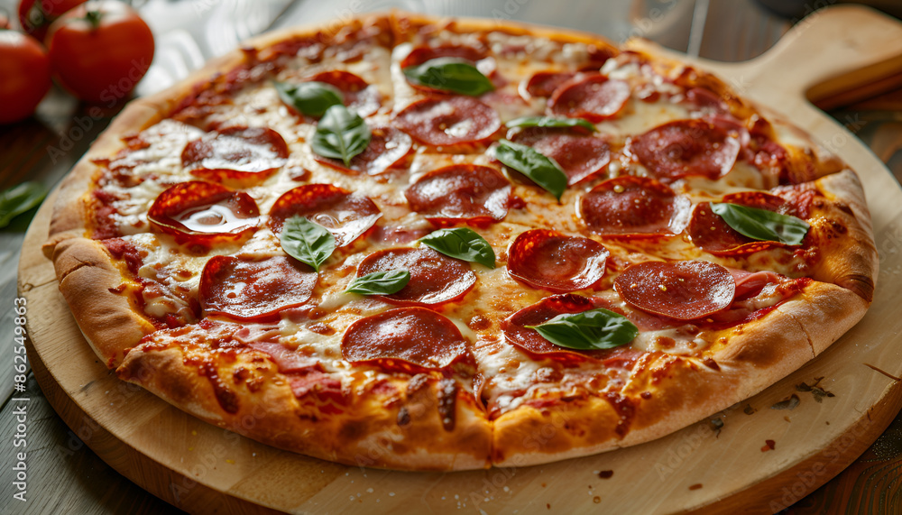 Tasty pizza with basil on table in the kitchen Tasty pizza with basil on table in the kitchen