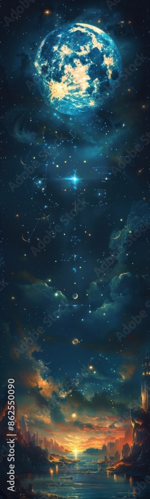 Obraz premium Starry night sky with a full moon and a lighthouse