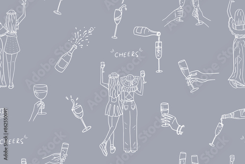 Trendy seamless pattern of hands with champagne glasses, wine glasses, champagne bottles. Cheers. Alcoholic drinks. Great for bar menu, holiday, wedding, celebration. Girlfriends. Bachelorette party