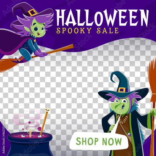 Halloween sale banner template, witch with broom and cauldron. Enchanting holiday vector frame. Dive into savings with spooky deals. Witch-approved discounts await, grab treats of savings, shop now