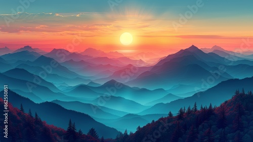 Sunset over layered mountainous landscape, serene and breathtaking view. Nature and tranquility concept