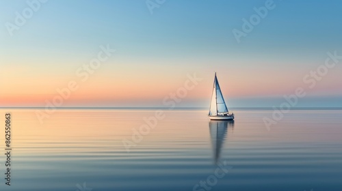 Create a minimalist seascape photograph with negative space, featuring a lone sailboat drifting on calm waters