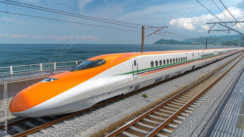 Render a scene of a high-speed maglev train racing along a futuristic track that hovers just above the ocean, cutting