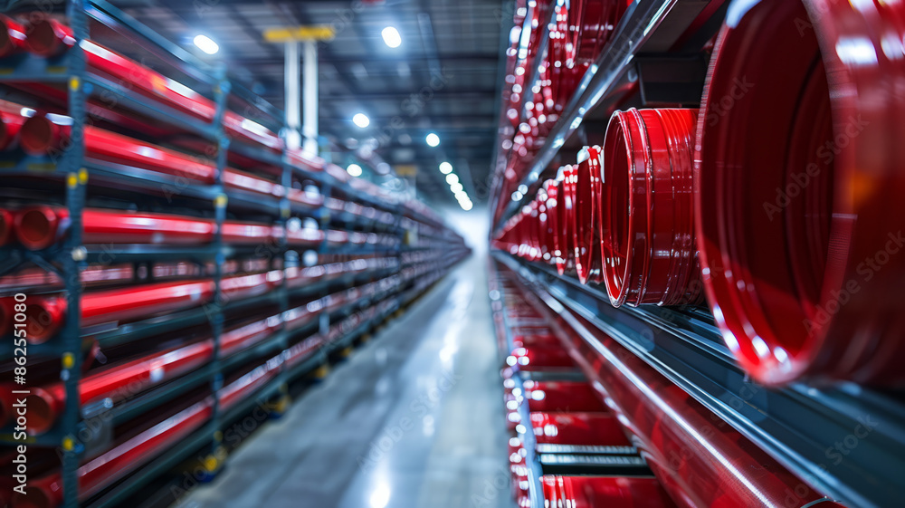 Red pipes stored in rows in a large industrial warehouse. Red pipes stored in rows in a large industrial warehouse.
